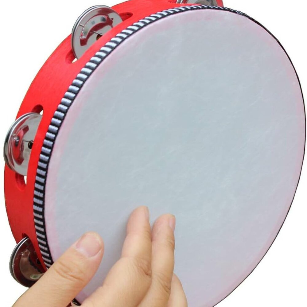 8" Tambourine with Head - Red Wood Handheld - Single Row 6 Pairs Jingles  🎵